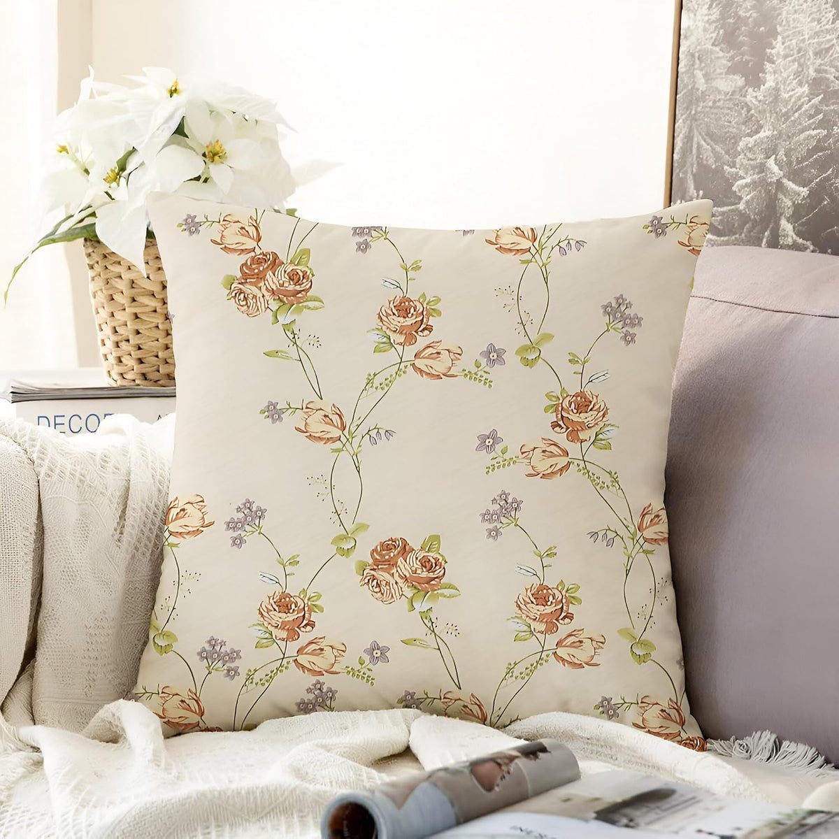 Microfiber Square Pillow Cushion For Sofa & Bed, Brown Rose - 24 X 24 Inch | Soft, For Comfort & Back Support | Breathable, Premium Cotton Cushion Cover With Zip, Hypoallergenic - Set Of 1