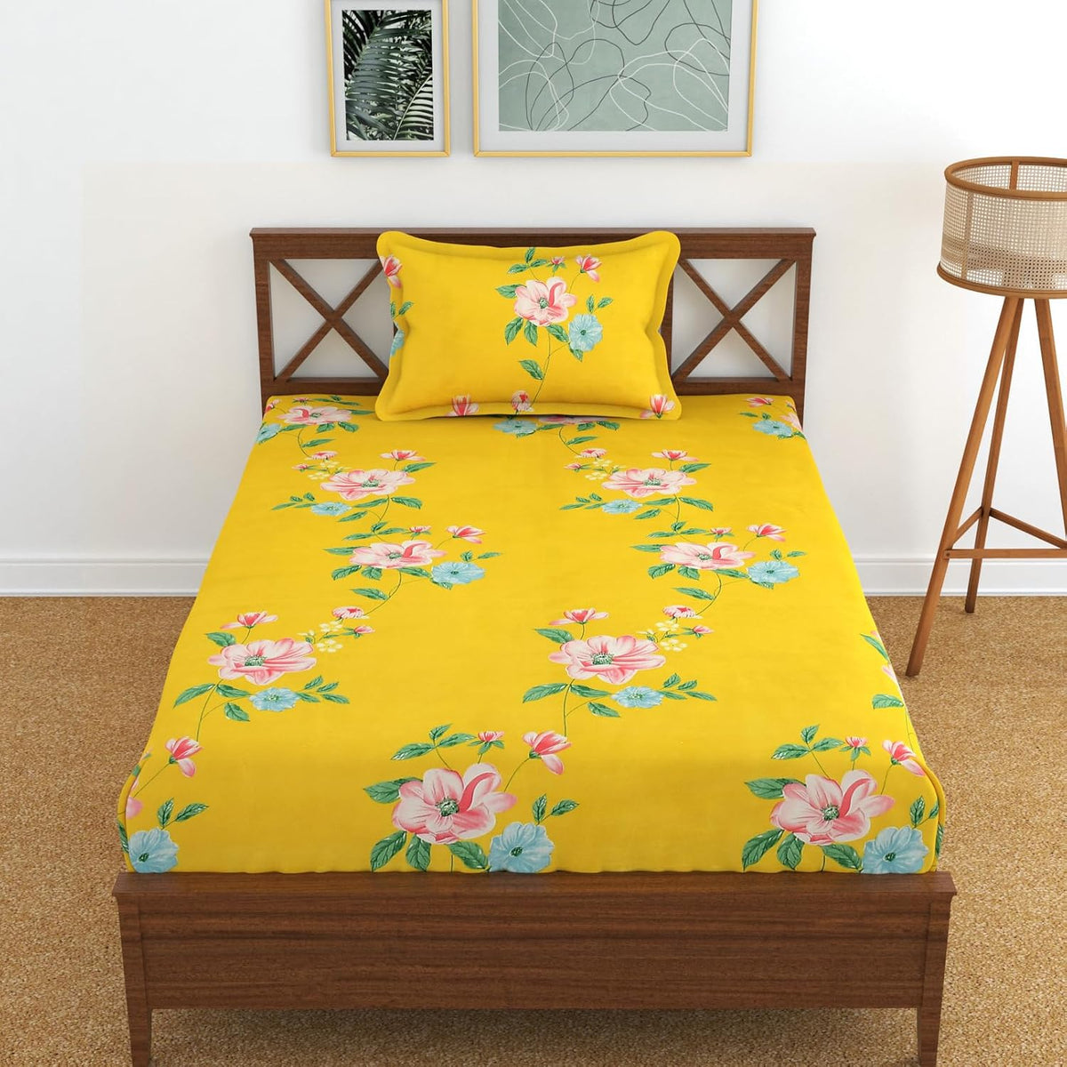 Bedsheet Single Size Elastic Fitted With 1 Pillow Cover - 48 X 72 X 8 Inches, Yellow | Soft Touch To Skin | Perfect Ideal For House, Hotel, Guest House Bedsheet