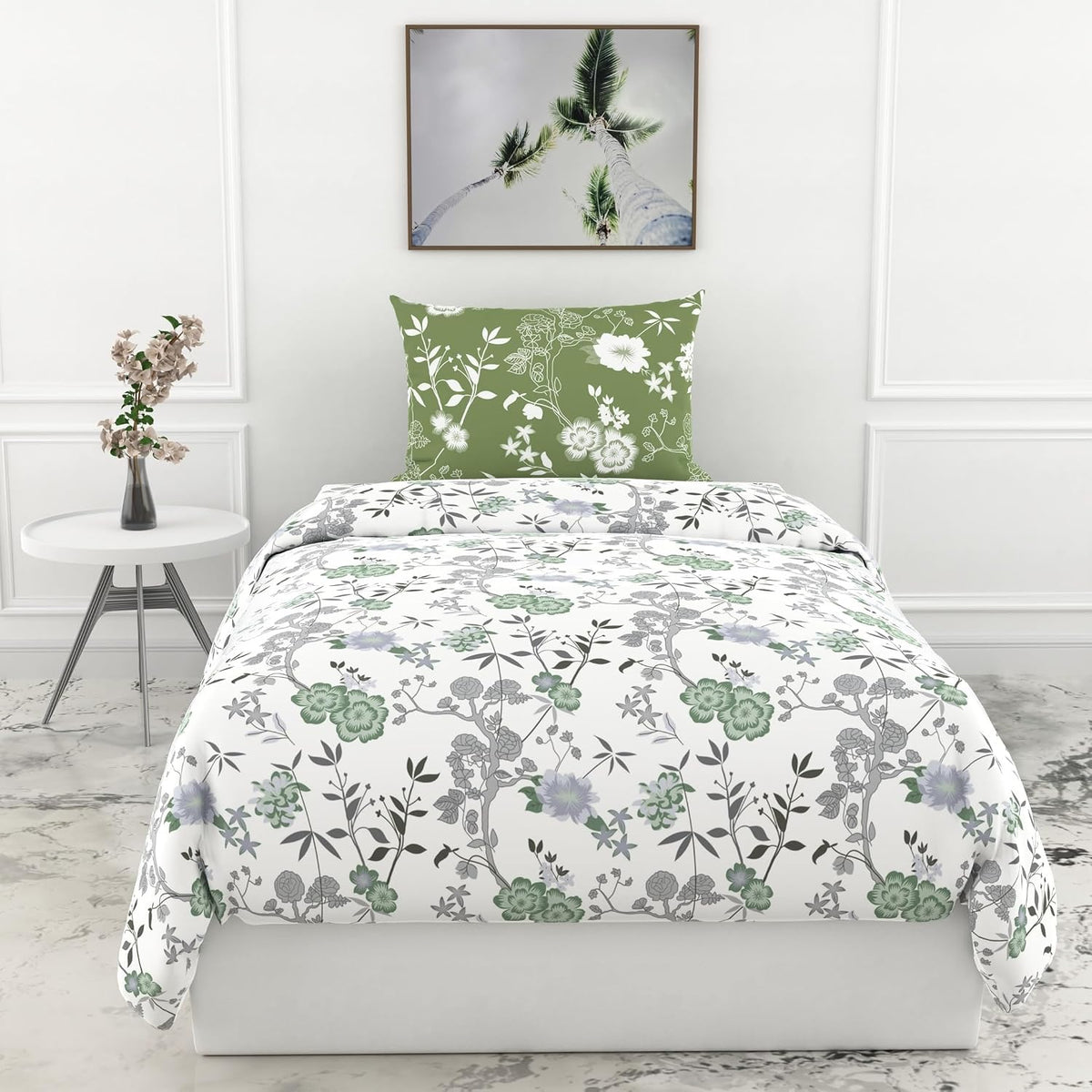 1 Single Bedsheet & 1 Pillow Cover - 54 X 84 Inches, Sage Green & White | Coordinated Look For Your Bedding | Durable & Easy To Maintain
