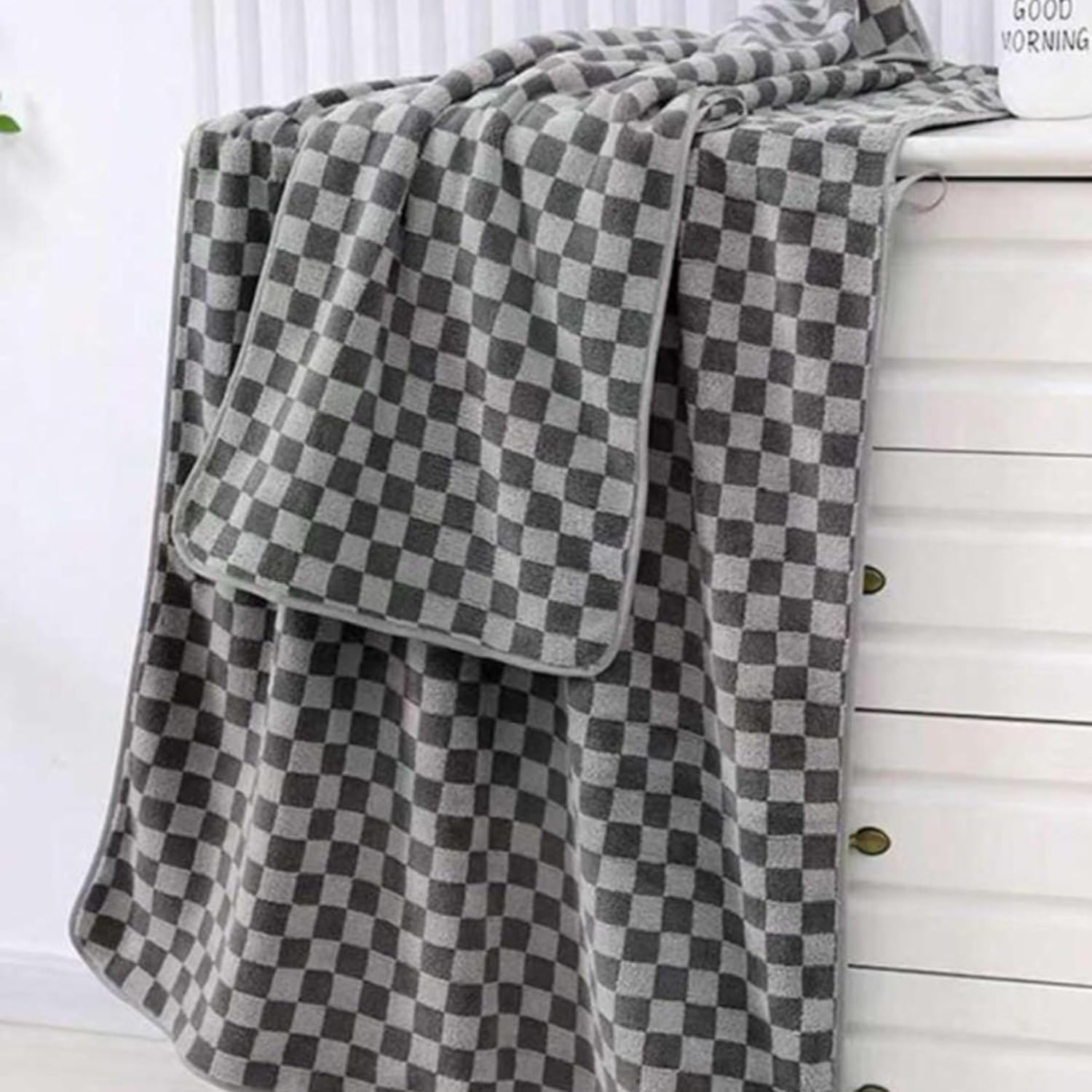 Maxoshine Microfiber Bath-Checkered Towels 390 Gsm | Bath Towel For Men & Women-Soft Coral Fleece Towel With Hook Quick Dry Super Absorbent (1 Bath Towel + 1 Hand Towel Combo) -Grey