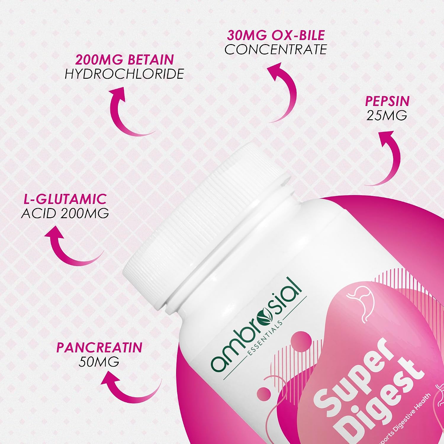 Ambrosial Super Digest With Betaine Hcl Pepsin, Ox - Bile, Pancreatin & L- Glutamic Acid | Digestive Enzyme To Support Optimal Digestion & Gut Health | 60 Capsules, 100gm 0.2lbs, Each Pack Of 2