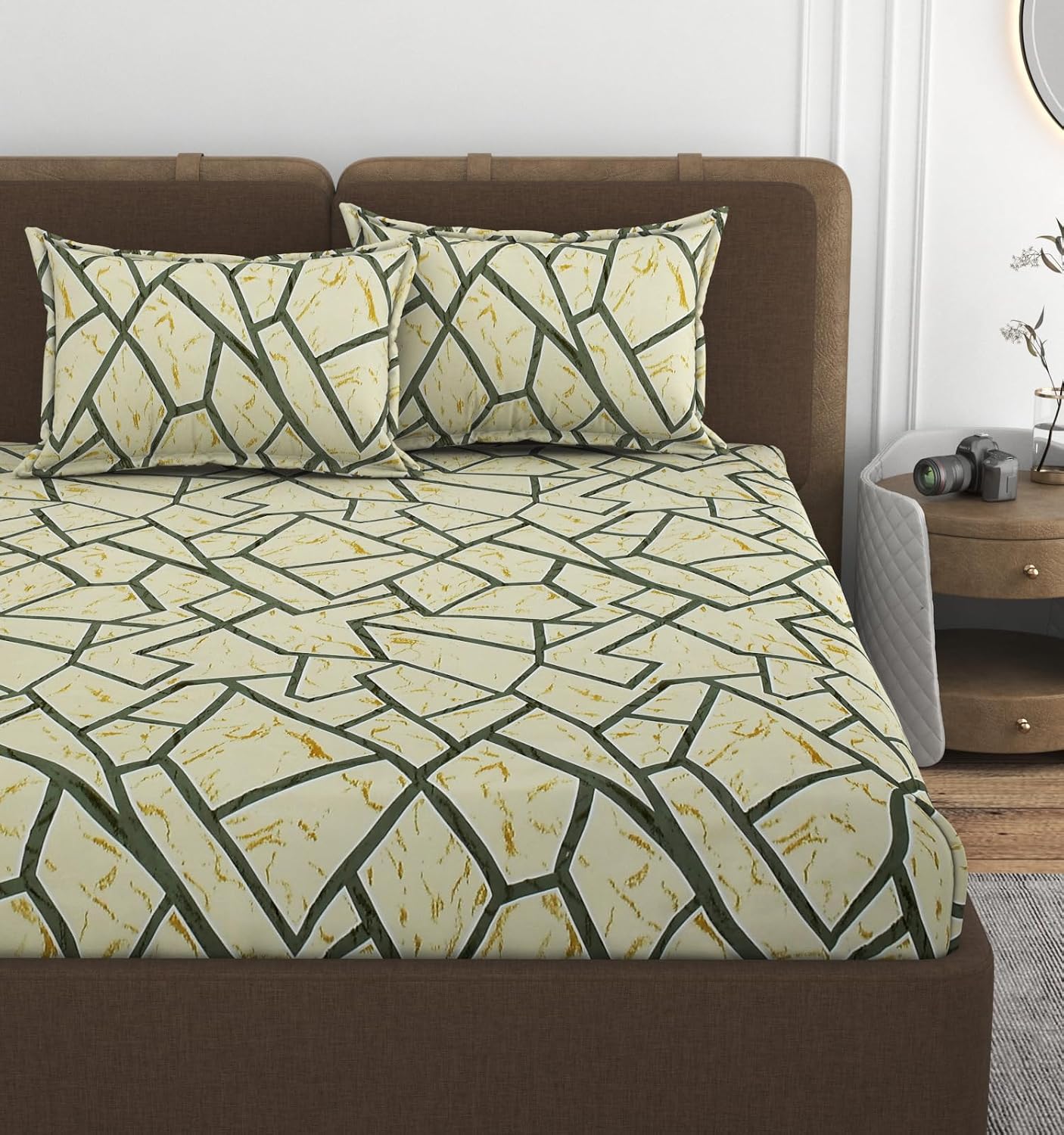 1 Double Bedsheet With 2 Pillow Covers Size 60 X 78 X 8 Inches, Cream | Cotton Feel All Around Elastic Fitted - Queen Size Bedsheets, Super Soft