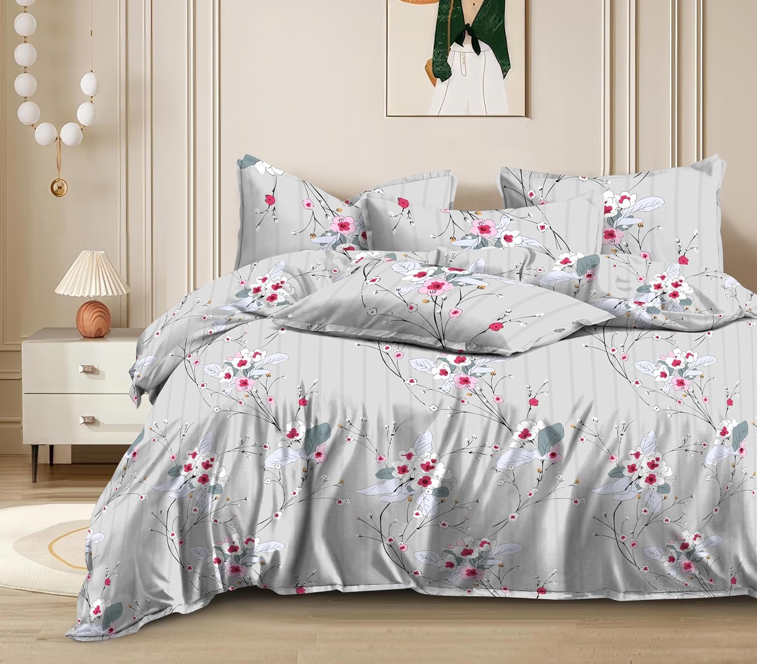 Printed King Size Double Bed Bedsheet With 2 Pillow Cover | 72 X 78 Inches, Grey | All Around Elastic Fitted Bedsheet | Softness & Comfortable Rest In Any Season