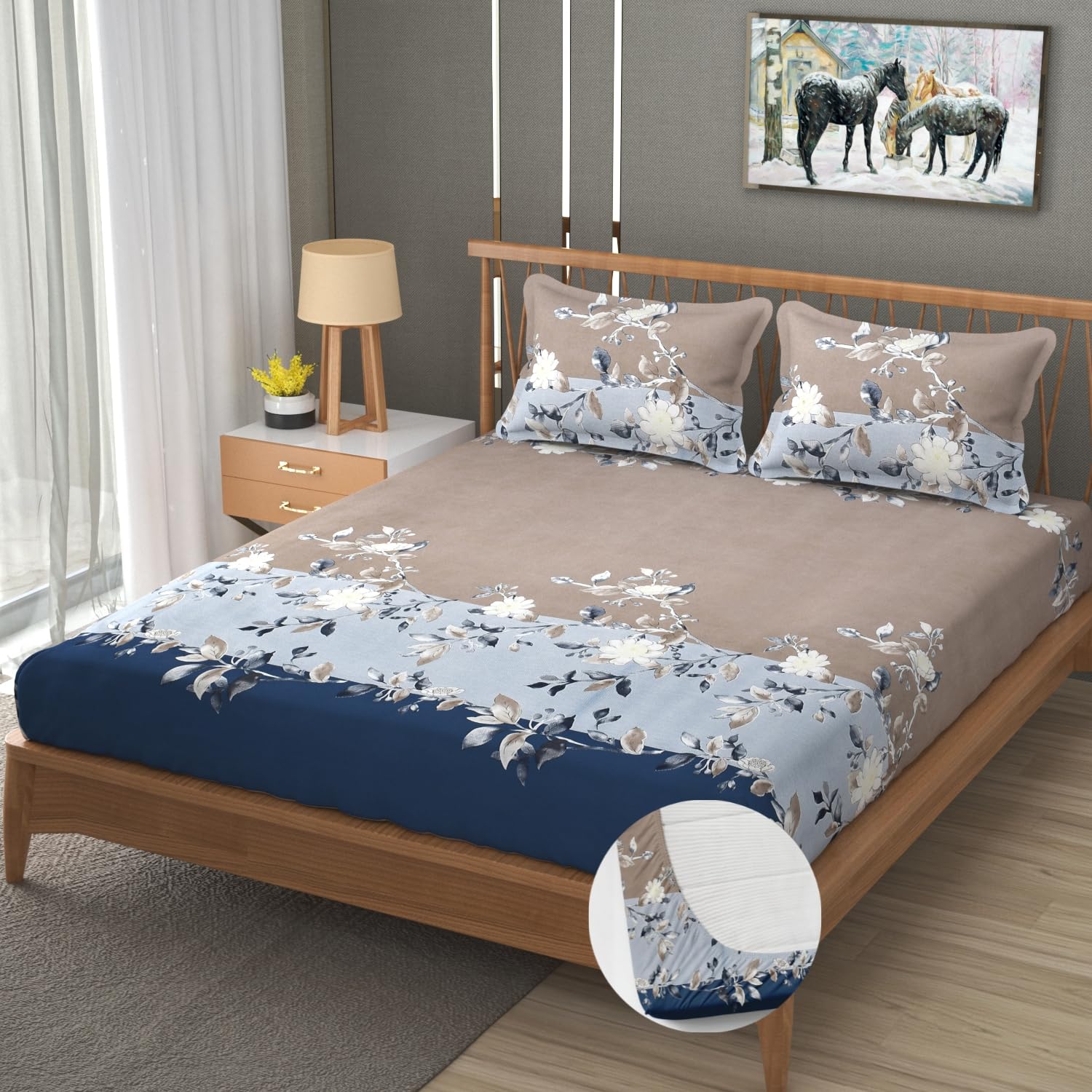 Double Bedsheet For Queen Size With Tow Pillow Cover - 72 X 72 Inches, Beige & Dark Blue | All Around Elastic Fitted Breathable & Durable, Soft Touch & Perfect For All Seasons