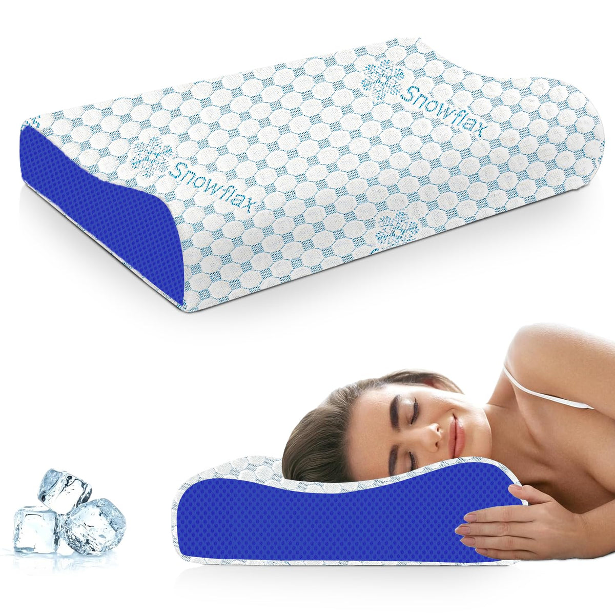 Cooling Cervical Memory Foam Pillow For Neck & Shoulder Pain Relief, Blue & White | Orthopedic Contour Pillow For Sleeping & Spinal Alignment | Ergonomic Support, Washable - Pack Of 1