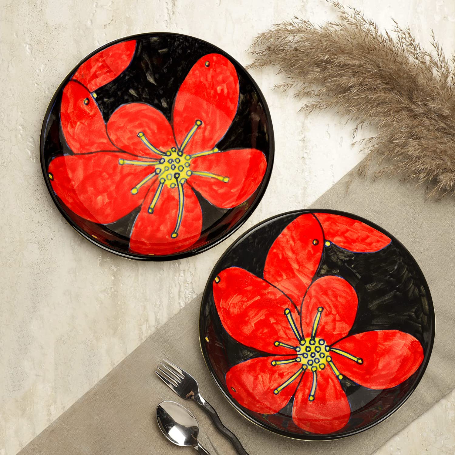 Hand Painted Ceramic Floral Round Pasta Serving Plates Set Of 2 - 8.5 Inches, Red & Black | Soup Plates - Ceramic Maggi Plates