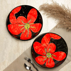 Hand Painted Ceramic Floral Round Pasta Serving Plates Set Of 2 - 8.5 Inches, Red & Black | Soup Plates - Ceramic Maggi Plates