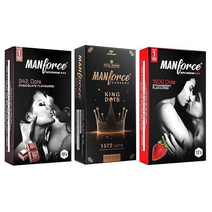 Manforce Dotted Combo Condoms For Men (Xotic - Chocolate, Strawberry, King Dot) - Pack Of 30
