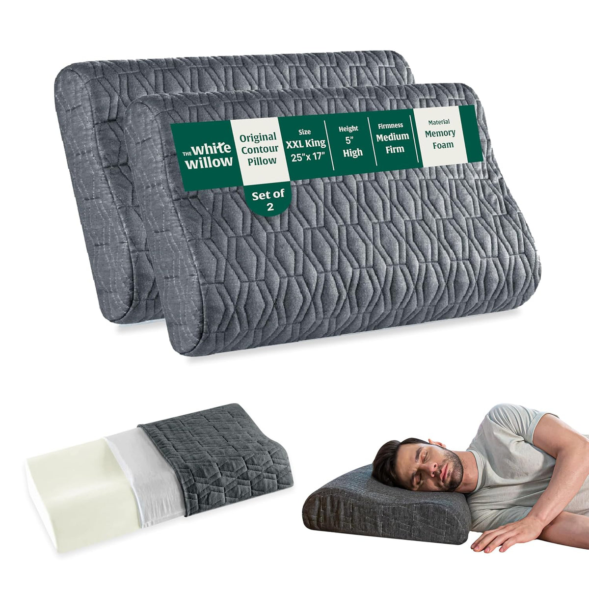 Cervical Pillow, For Neck Pain & Shoulder Pain Relief, Grey - XXL King Size | Memory Foam Pillow For Sleeping, Orthopedic Contour Pillow For Spondylitis | Adjustable, Medical Pillow - Pack Of 2
