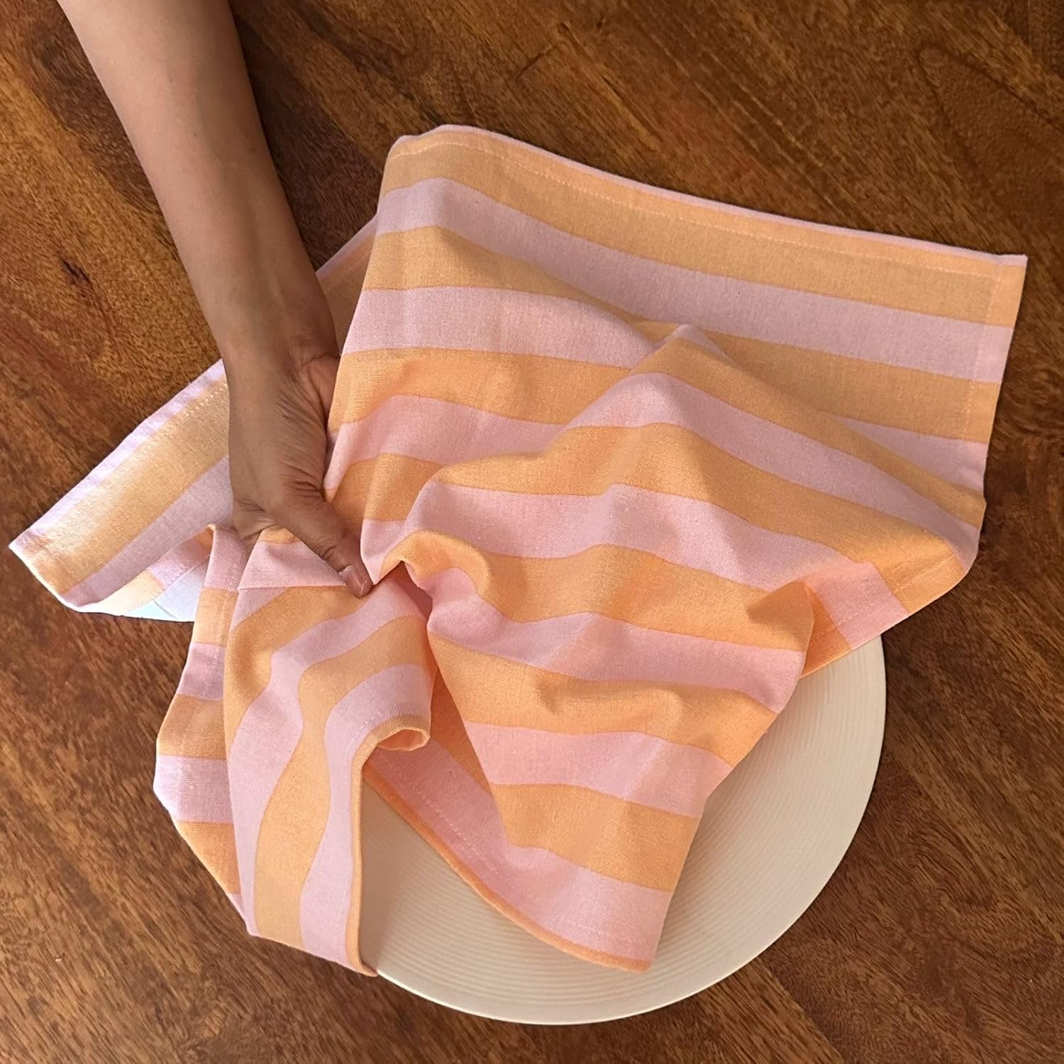 Oak & Lily 100% Cotton Kitchen Napkins Dish Towels 350 Gsm | Premium European Quality Washable, Large Size Kitchen Cloth For Roti, Cleaning, Drying | Peach & Pink (Set Of 3)