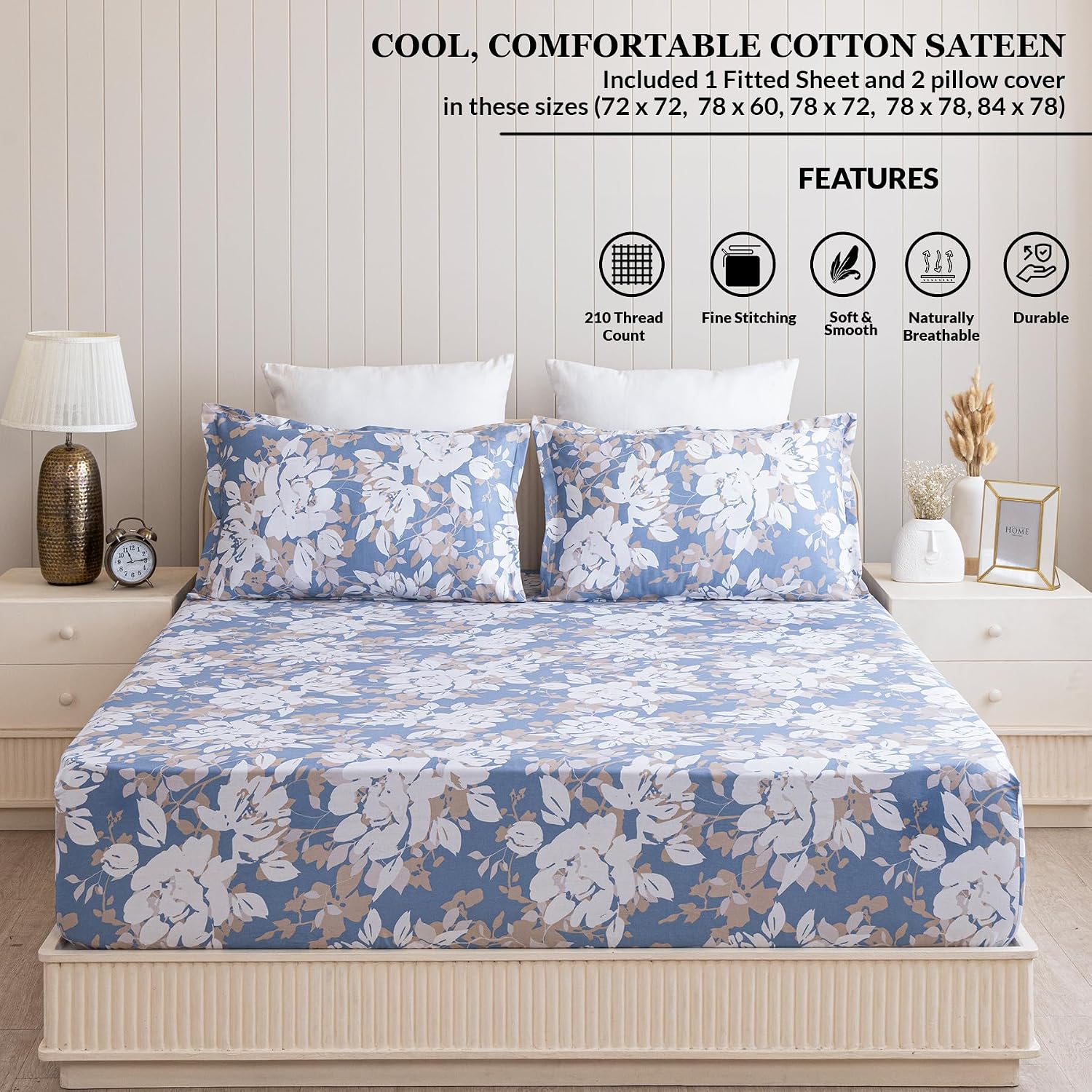 Double Size Elastic Fitted Bedsheet With 2 Pillow Covers - (72 X 72 Inches, Blue & White) | Wrinkle Free Bed Sheets | Perfect For Home Decor & Gifting