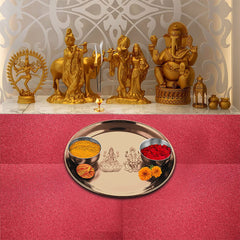 Stainless Steel Laxmi & Ganesh Ji Pooja Thali Set Of 3, Rose Gold PVD Coating | 1 Pooja Thali+ 2 Katoris - Easy To Clean & Dishwasher Safe