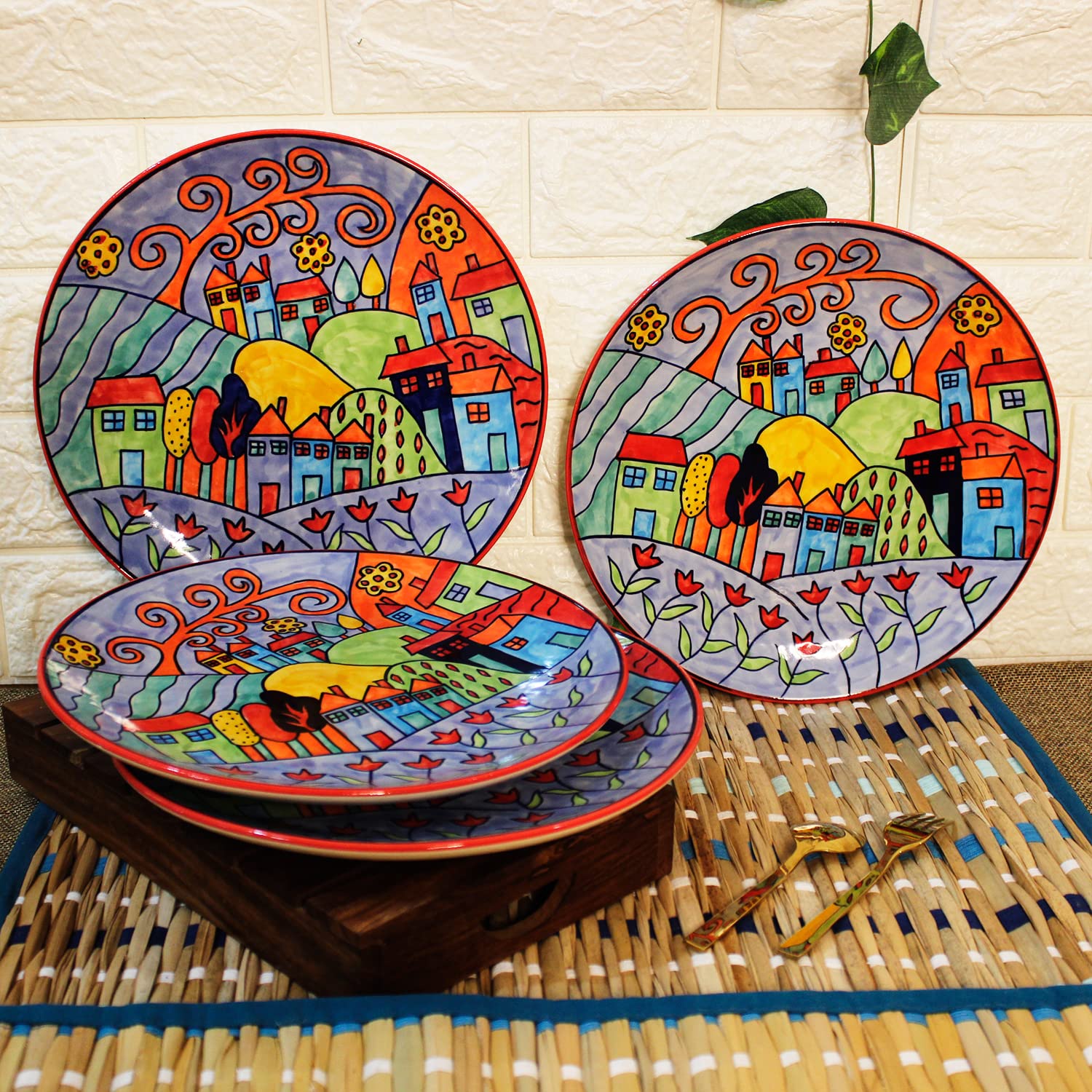 Exotic Panorama Ceramic Dinner Plates Set Of 4 - 10 Inches, 4 Pieces, Multicolor | Hand Painted Full Ceramic Plates For Dinner - Microwave Safe & Dishwasher Safe