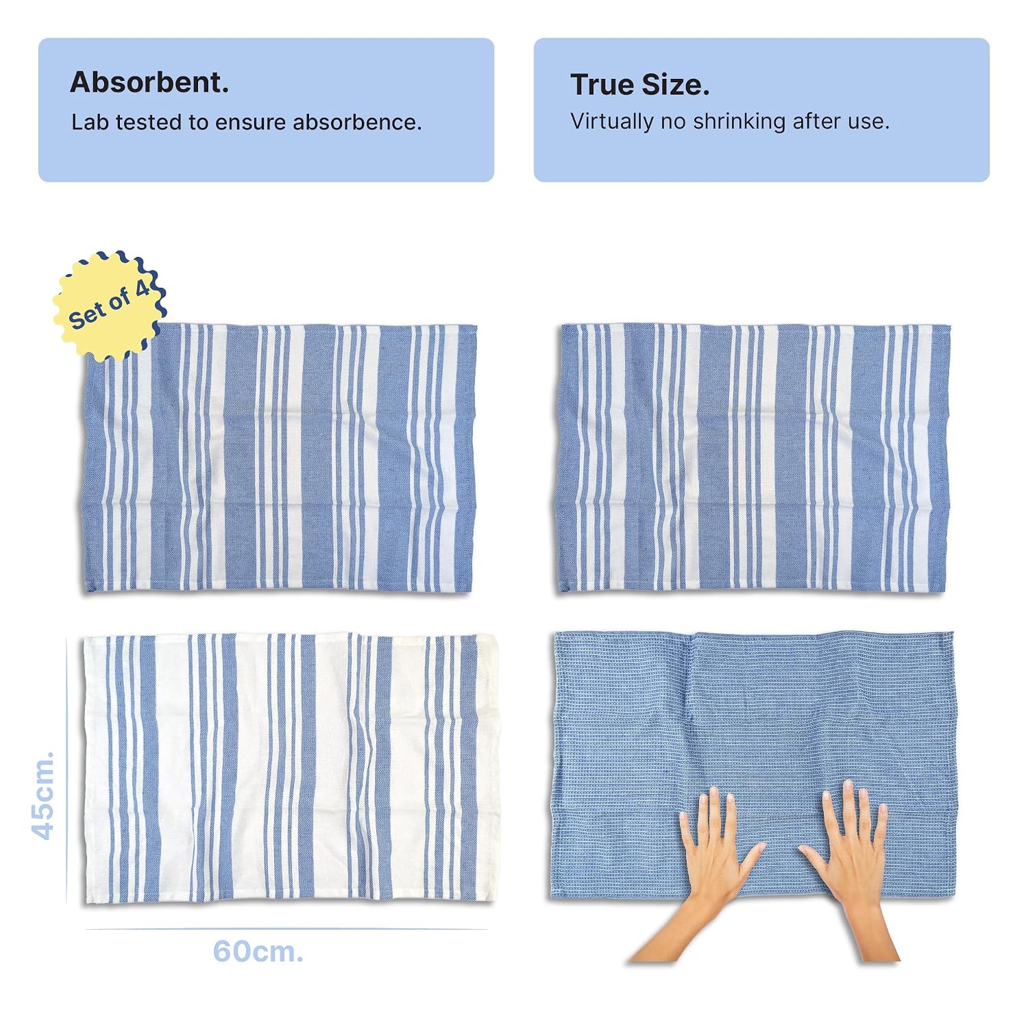 Indihaus Cotton Multi-Purpose Kitchen Hand Towels 250 Gsm | Waffle & Stripes Lunch, Dish Towel (Blue)- Pack Of 4