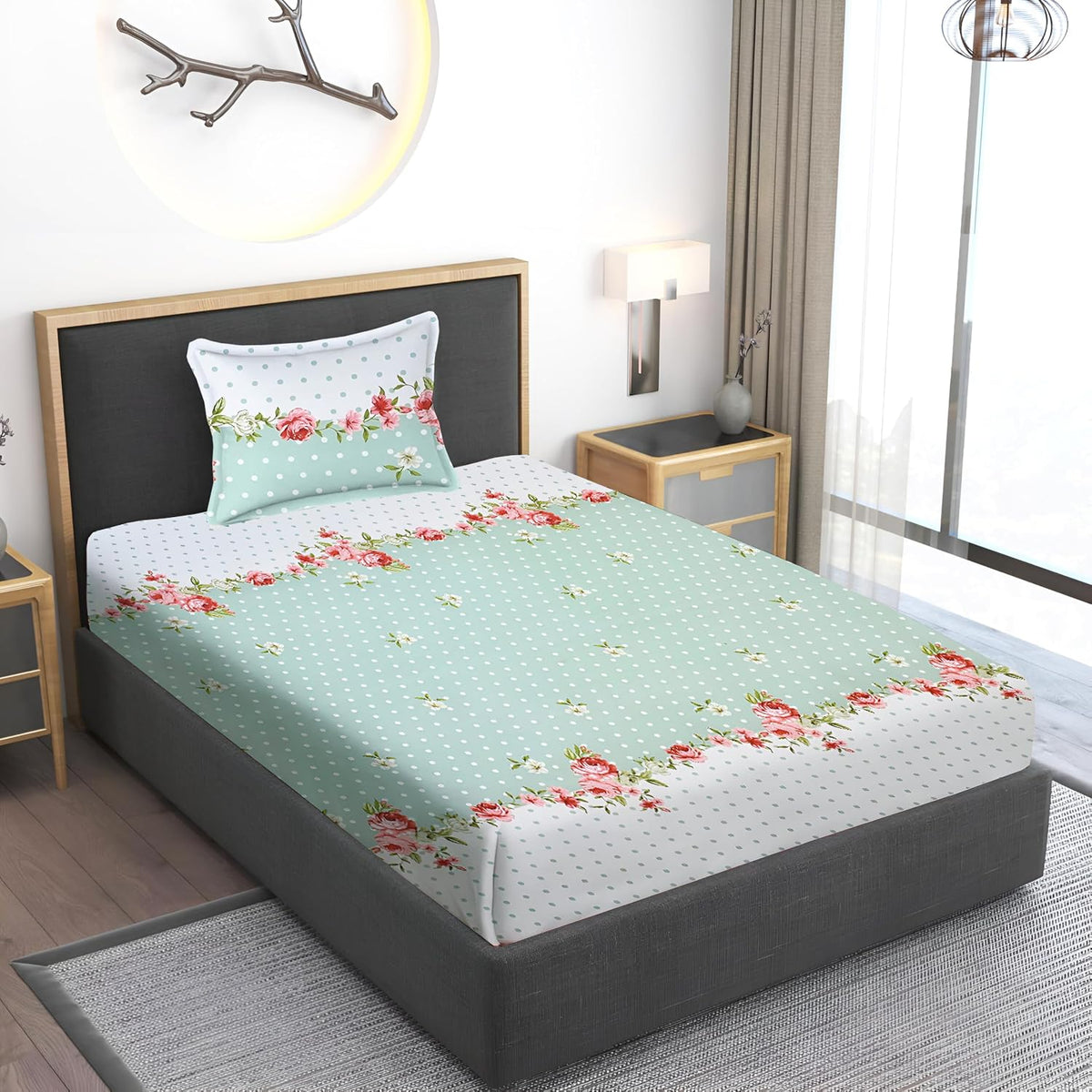 Printed Single Bedsheet Size With 1 Pillow Cover - 60 X 90 Inches, White & Green | Cotton Wrinkle Free Soft, Breathable | Durable & Long-Lasting