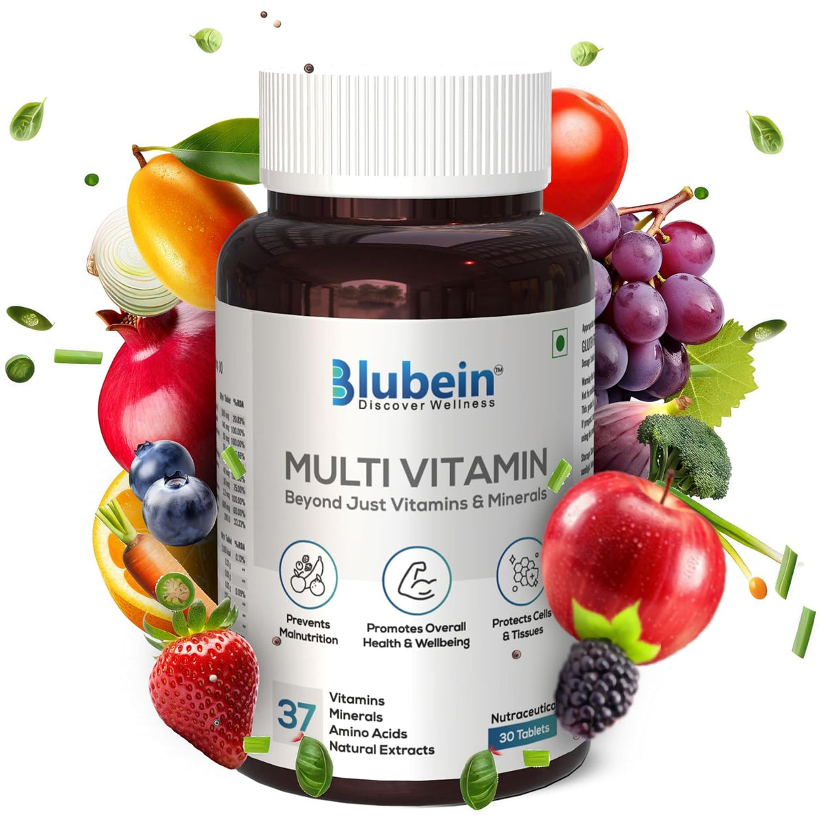 Blubein Multivitamin Tablet With 37 Vital Ingredients For Men & Women Boosts Stamina, Enhances Immunity & Vegan , Good For Overall Health & Wellness | 30 Tablets , 50gm 0.1lbs