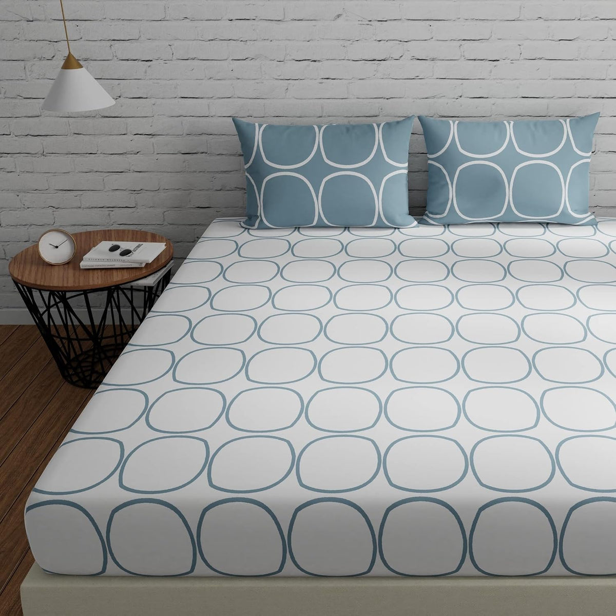 Double Bedsheet For Queen Size - 60 X 78 Inches, With 2 Pillow Covers, White & Blue | All Around Elastic Fitted Bedsheet Set