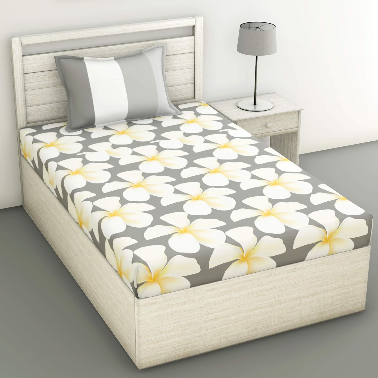 1 Single Bedsheet With 1 Pillow Cover - 54 X 84 Inches, Grey & White | Comfort Meets Everyday Styles | Traditional Ideal For All-Season Use