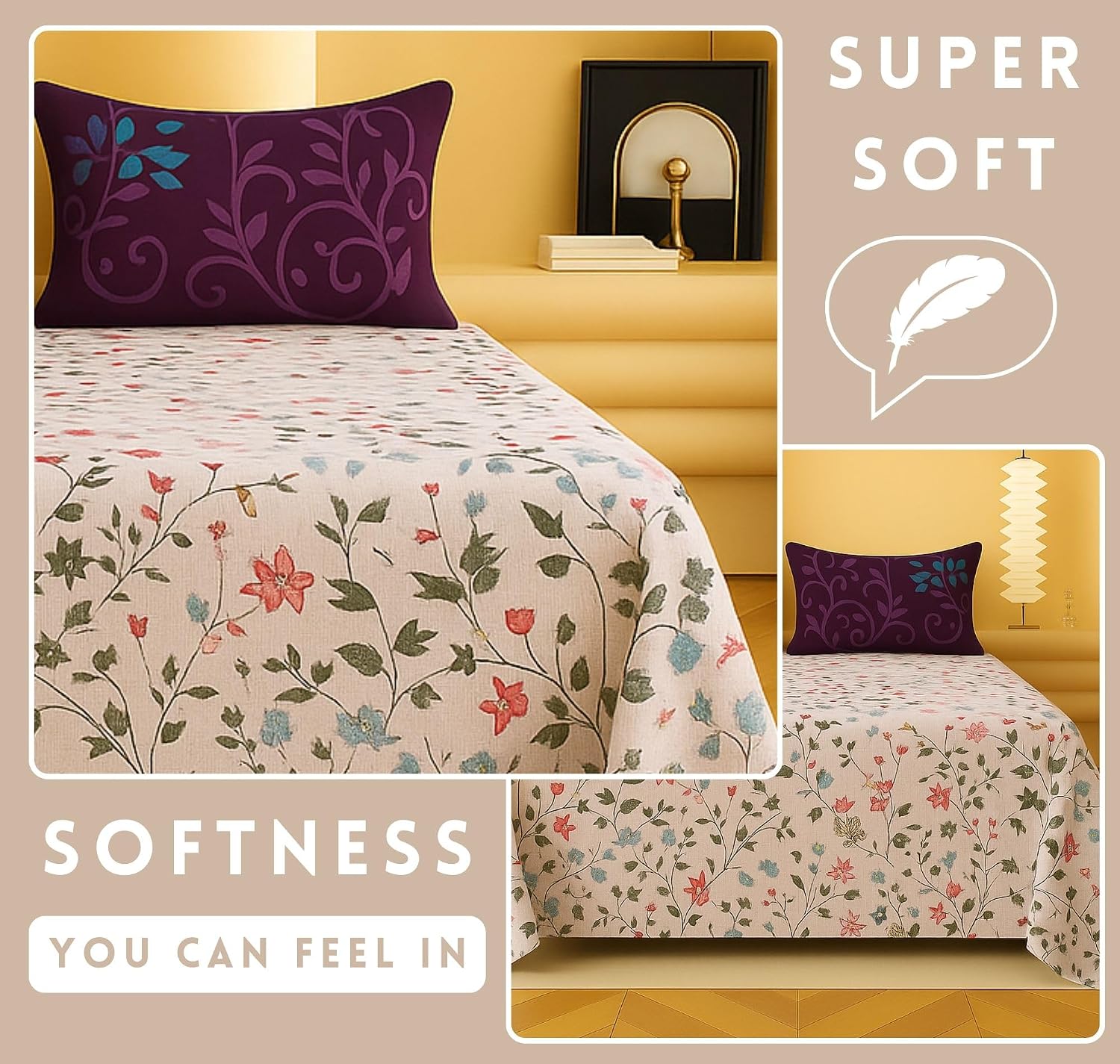 1 Double Bedsheet With Two Pillow Covers - 90 X 94 Inches, Beige | 300 Thread Count Super Soft Bed Sheet For King Size Bed Floral Design - Perfect Gift For Wedding, Anniversary