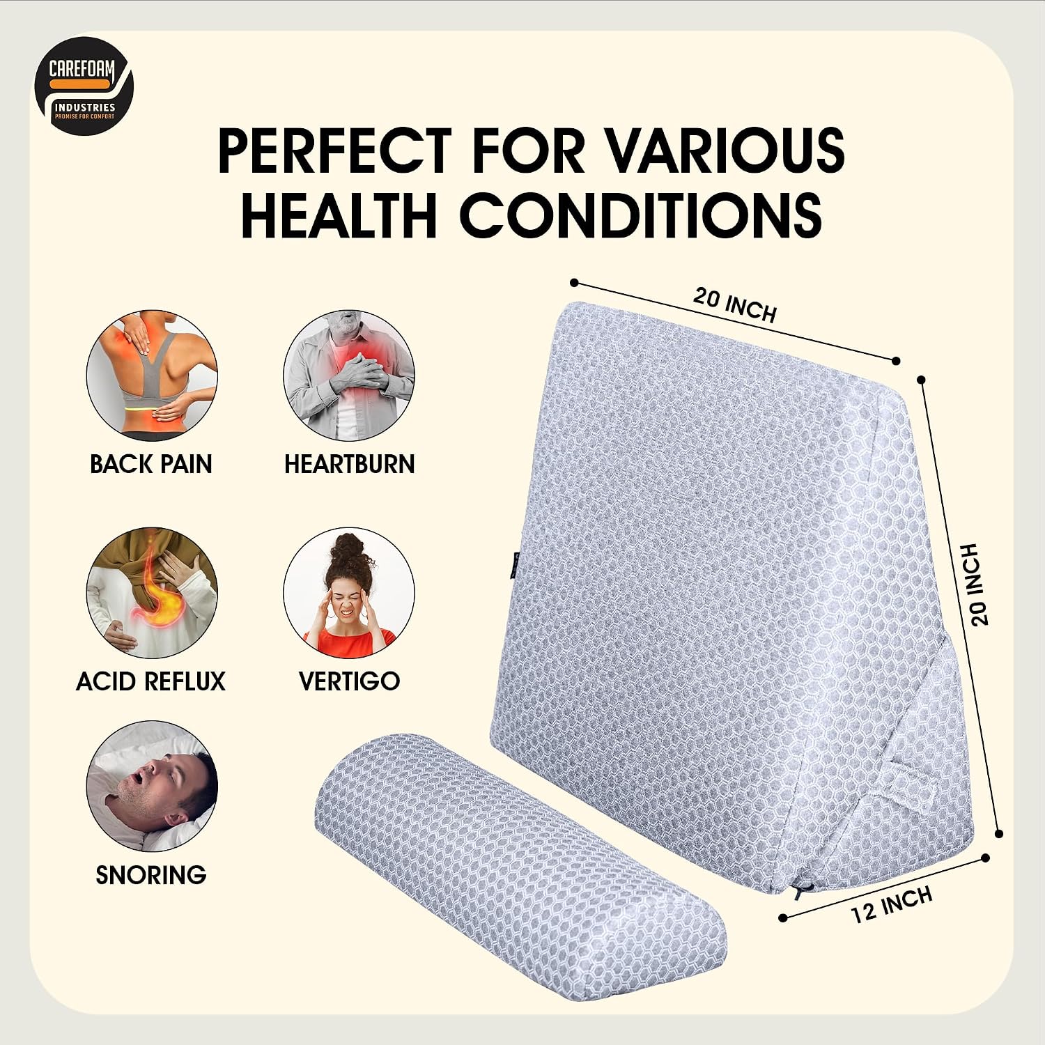 Wedge Pillow For Back Support, Adjustable Wedge Pillow With Headrest, Grey Jacquard - 22 X 22 X 12 Inch | Memory Foam Bed Wedge Pillow For Sleeping | Acid Reflux, Gerd, Snoring, Resting