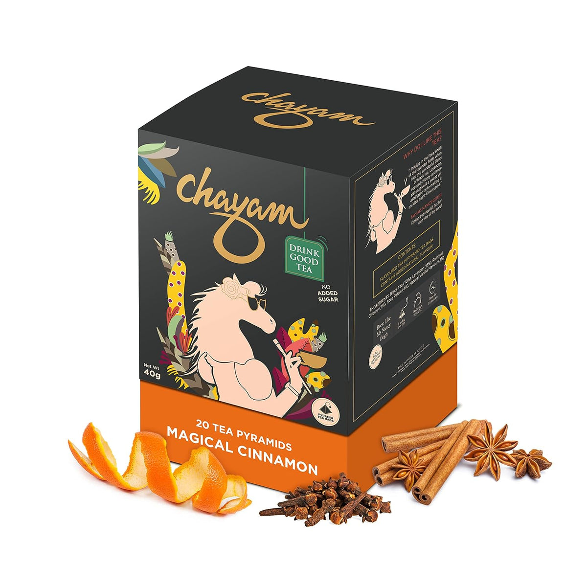 Chayam Magical Cinnamon Green Tea - 20 Pyramid Tea Bags | 100% Natural Real & Whole Ingredients - Blended With Orange Peel, Clove, Star Anise | Low Caffeine, Gluten Free, No Added Sugar