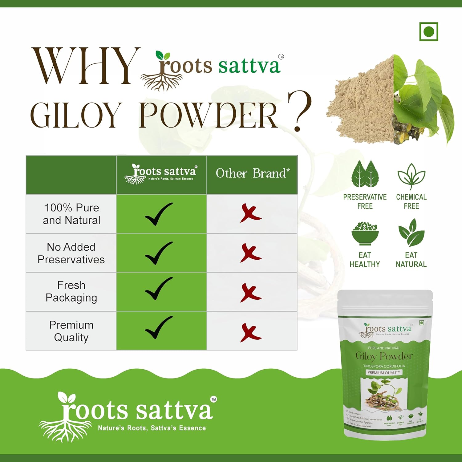 Roots Sattva Giloy Powder, Organic Sustainable Sourced, Immune Boosting, Digestion, Reduces Stress, Immune - Boosting Properties, Help Fight Infections & Prevent Illnesses | 200gm 0.4lbs
