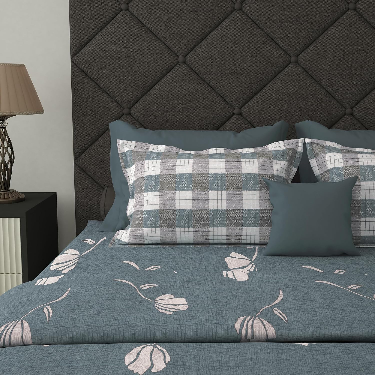 100% Cotton Elastic Fitted Double Bedsheet For Queen Size 2 Pillow Cover - 88 X 100 Inches, Grey | Perfect For Festive Gifting | Durability & Long-Lasting Use