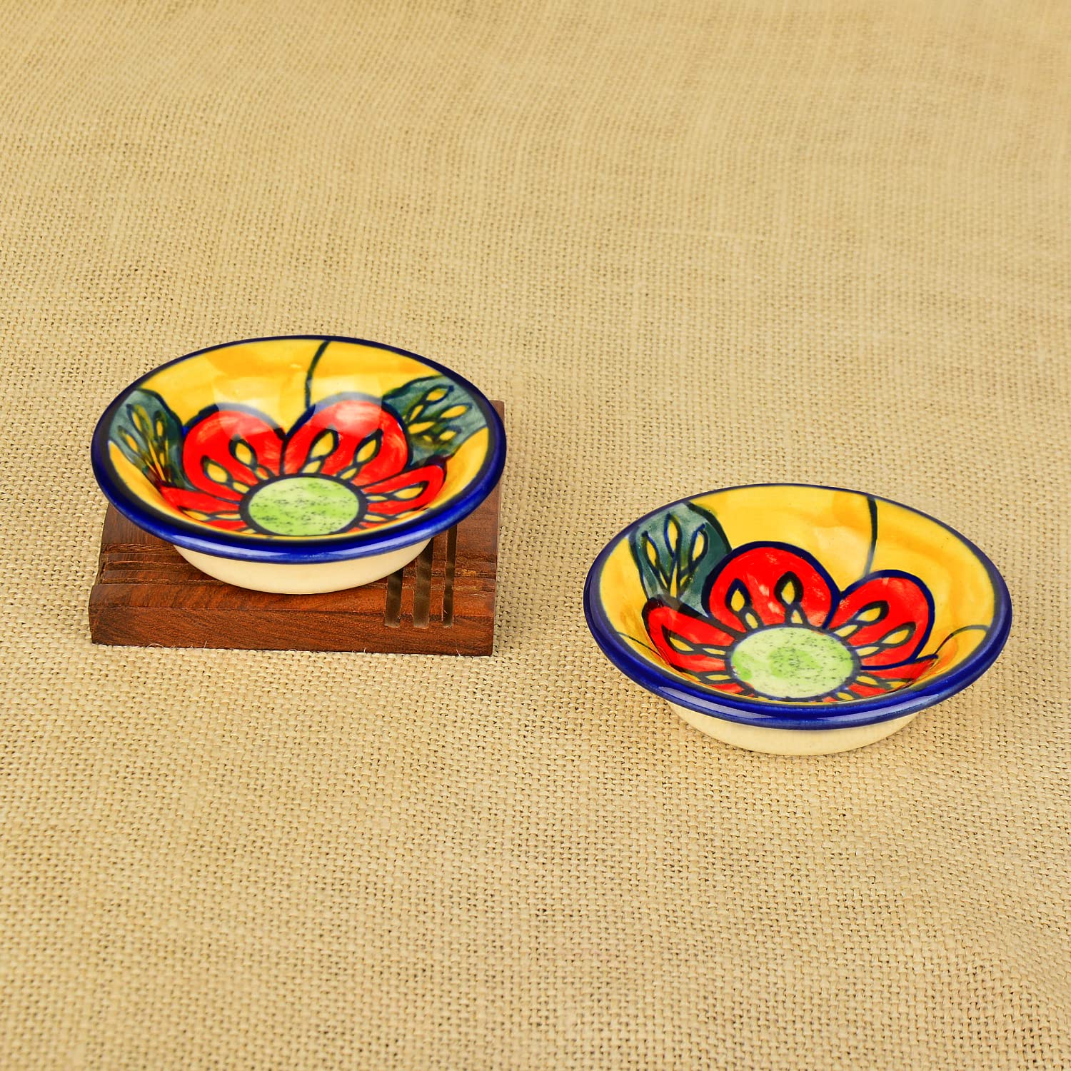 Hand Painted Floral Round Ceramic Dip Bowls Set Of 2 - Multicolor | Chutney Bowls - Ketchup Bowls