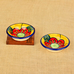 Hand Painted Floral Round Ceramic Dip Bowls Set Of 2 - Multicolor | Chutney Bowls - Ketchup Bowls