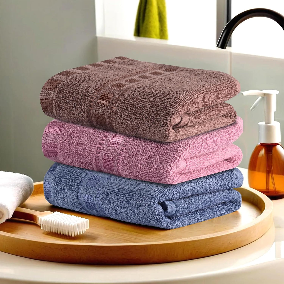 Heart Home Cotton Hand & Face Towels 600 Gsm | For Men & Women Easily Washable Workout Gym Towel - Dark Blue, Pink & Brown (Pack Of 3)