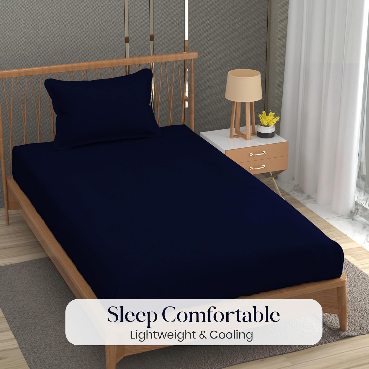 Solid Plain Single Size Bedsheet Set With 1 Pillow Covers | Size - 60 X 90 Inches, Navy Blue | Ideal For All Seasons Due To Its Breathable Nature