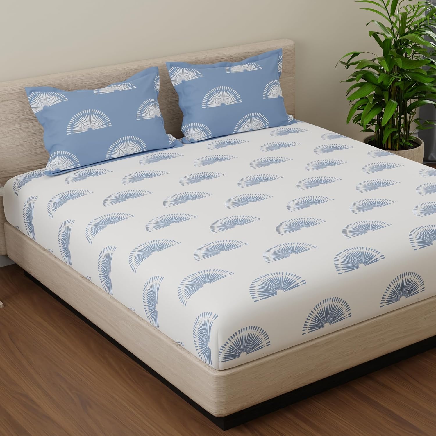 1 Double Bedsheet With 2 Pillow Covers - 88 X 96 Inches, Blue & White | Soft & Comfortable Feel To Your Skin | Do Not Bleach