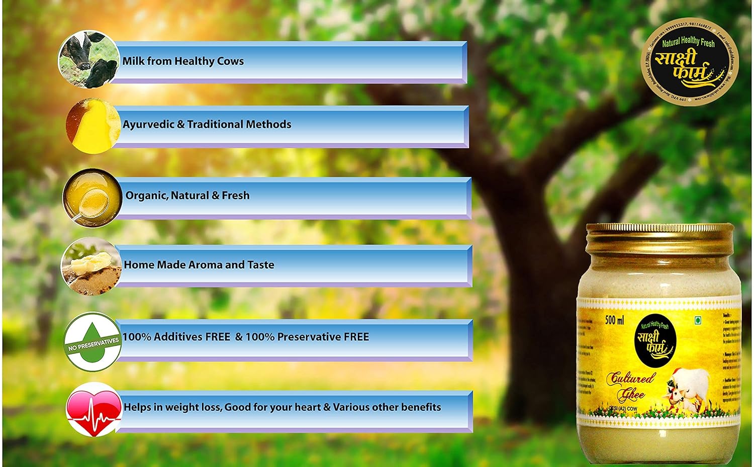 Natural Organic Cultured Desi A2 Ghee By Sakshi Farms | Rich In Vitamin A, D & K Healthy Vedic Bilona Method Pure Desi Ghee | (250ml) 8.4 Ounce | Jar Pack