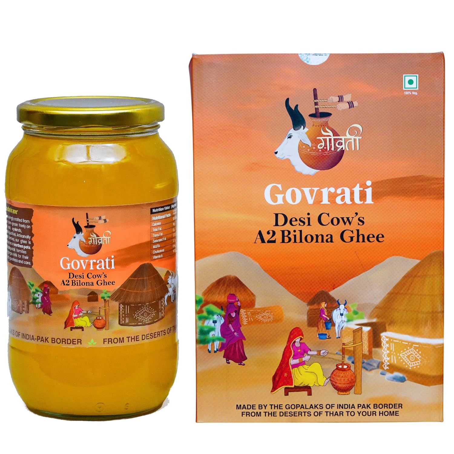 100% Pure Desi Cow'S A2 Bilona Ghee By Govrati | Vedic Bilona Method Grassfed Cultured Desi Cow Ghee For Heart Health | (500ml) 16.9 Ounce | Jar Pack