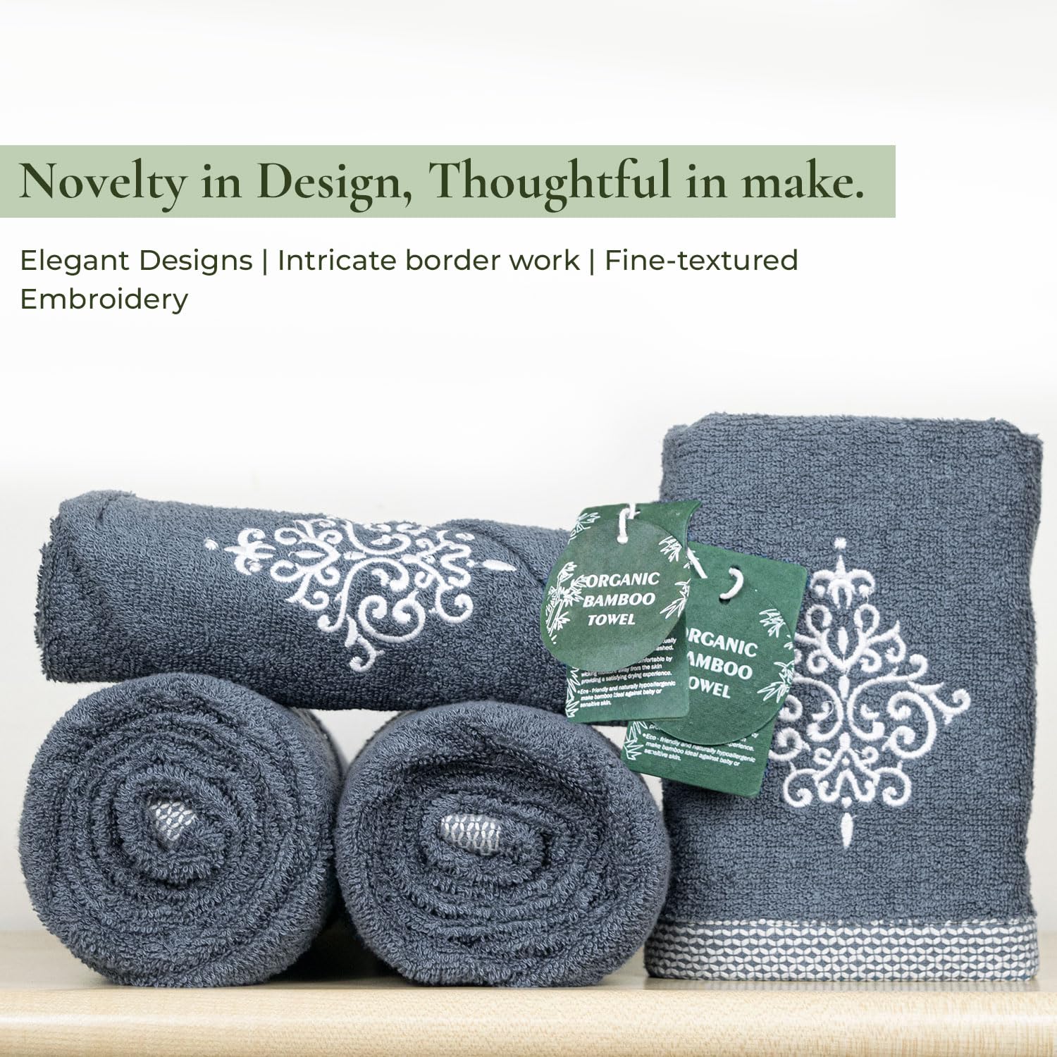 Rangoli 100% Bamboo 2 Bath & 2 Hand Towels 850 Gsm | Large Size Ultra Soft, Quick-Absorbent & Eco-Friendly Towels - Dark Grey