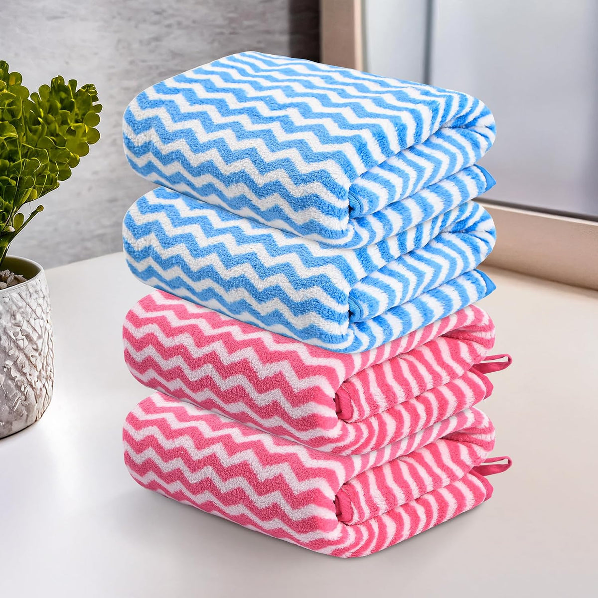 Kuber Industries Microfiber Soft Face Towel 800 Gsm | Absorbent Hanging Hand Towels For Wash Basin Bathroom | Zig Zag - Pink & Blue (4 Pcs)