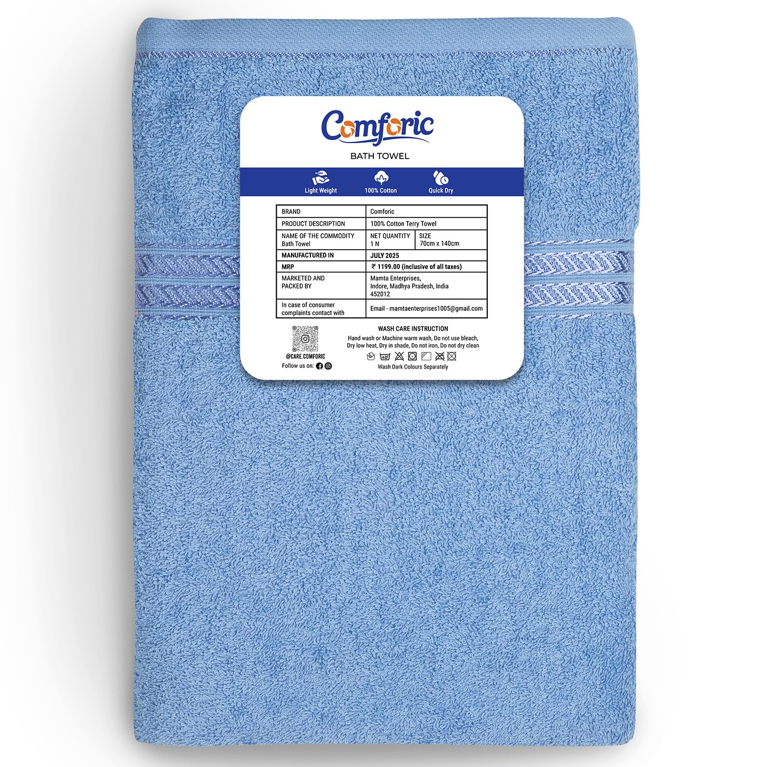 Comforic 100% Cotton Bath Towels 500 Gsm | Large Size Bath Towel For Men & Women Quick Dry, Super Soft & Absorbent Gym Towel, Travel Towel (Kashmir Blue)
