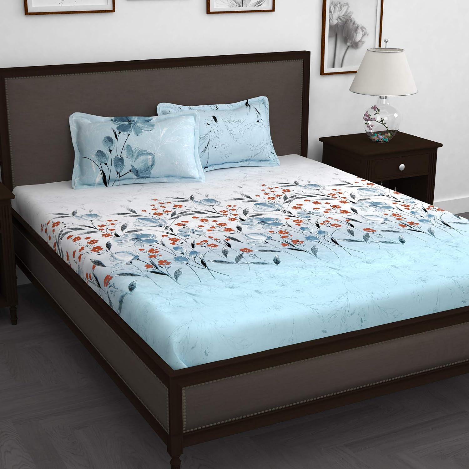 Bedsheet For King Size Bed With 2 Pillow Cover - 108 X 108 Inches, White & Sky Blue | Ideal For All Seasons - Perfect For Gifting, Weddings, Anniversary
