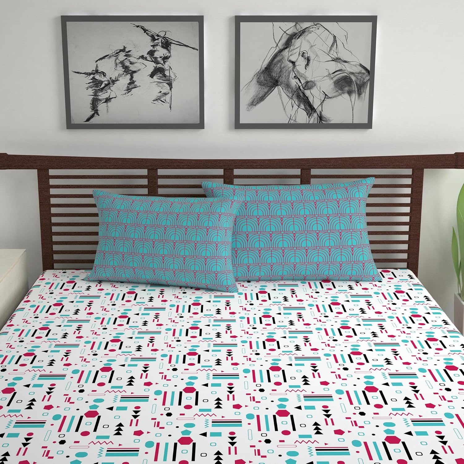 Soft Cotton Double Bedsheet With 2 Pillow Covers | 87 X 100 Inches, White & Sky Blue - Soft & Breathable Fabric | Comfortable For Daily Use