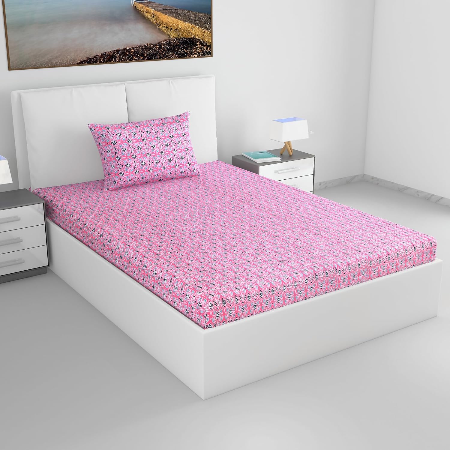 1 Single Bedsheet With 1 Pillow Cover - 57 X 87 Inches, Pink | 144 Thread Count Lightweight, Soft, Skin Friendly - Everyday Use Cotton Bedsheet