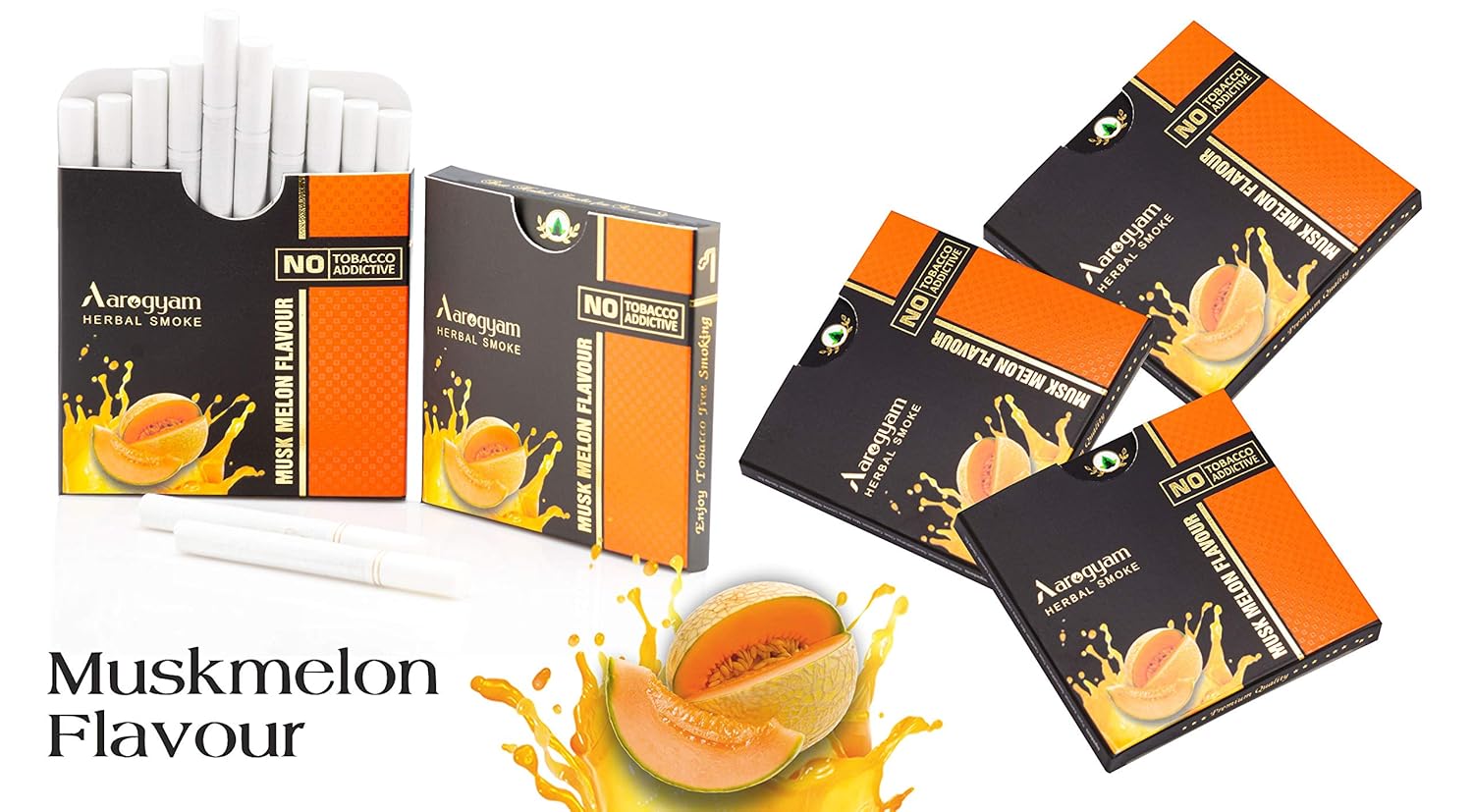 Aarogyam Herbals 100% Tobacco & Nicotine Free Cigarette For Relieve Stress & Mood Enhance Product For Smokers - 10 Sticks In Each Packet Muskmelon Flavour, Pack Of 5