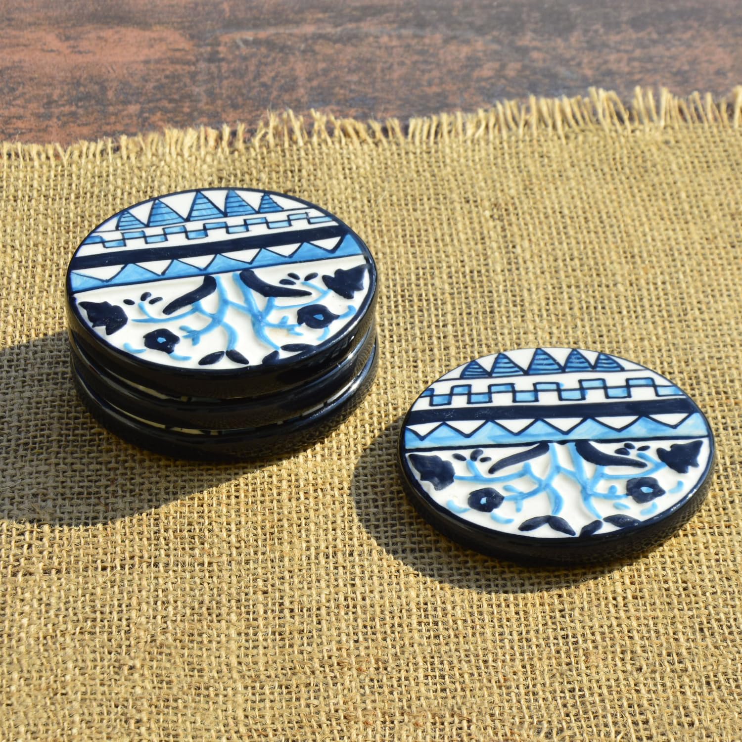 Studio Pottery Ceramic Tea & Coffee Coasters Set Of 4 - Blue & Black | Dining Table Coasters - Bar Accessories