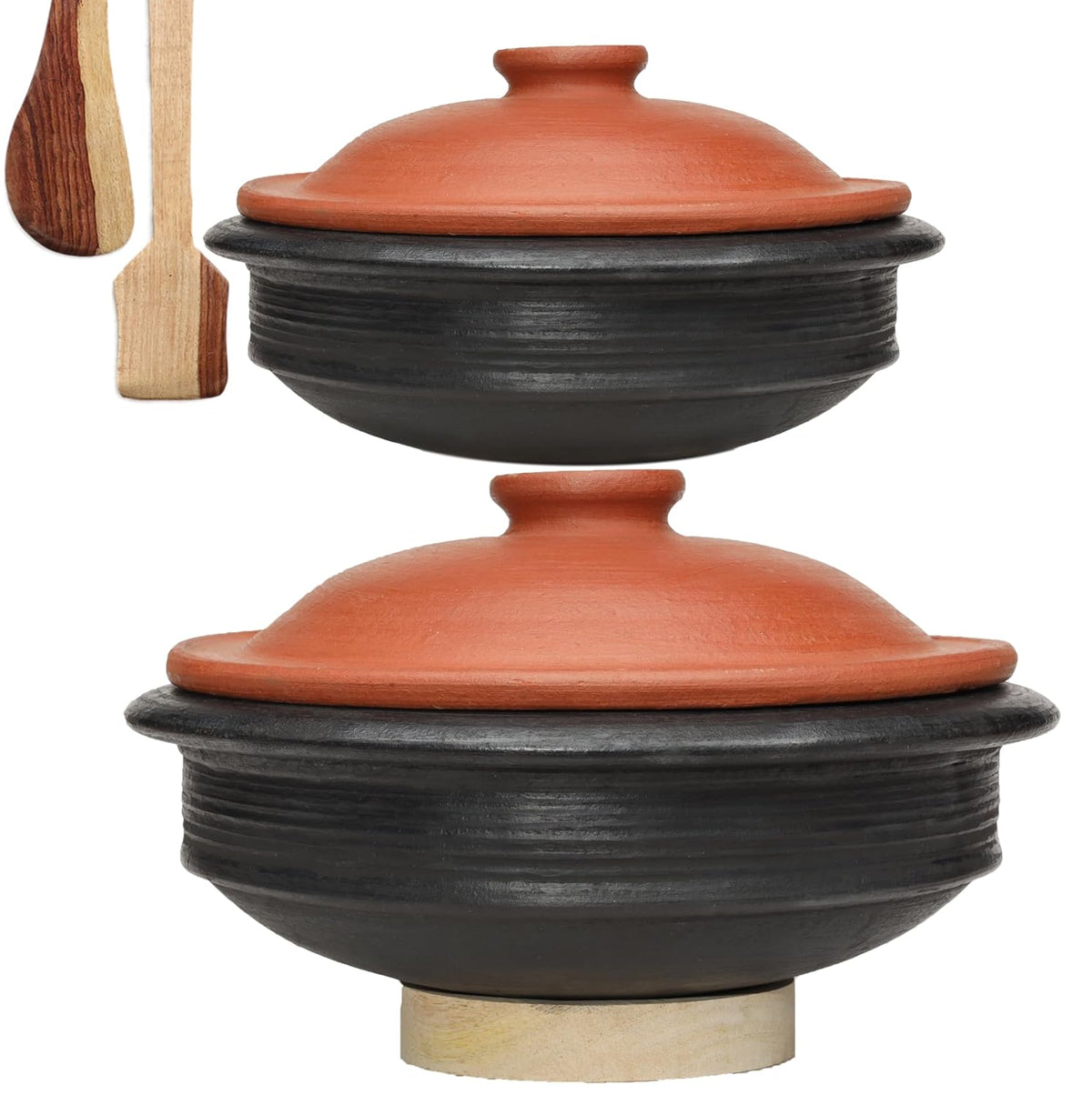 Deep Burned Uncoated Clay Pot Or Mitti Handi With Lid Combo + 2 Wooden Spatulas Complimentary Pack Of 2 - Black, 1+2 Liters | Pre-Seasoned Mud Pot - Unglazed, Double Fired, Hand Crafted