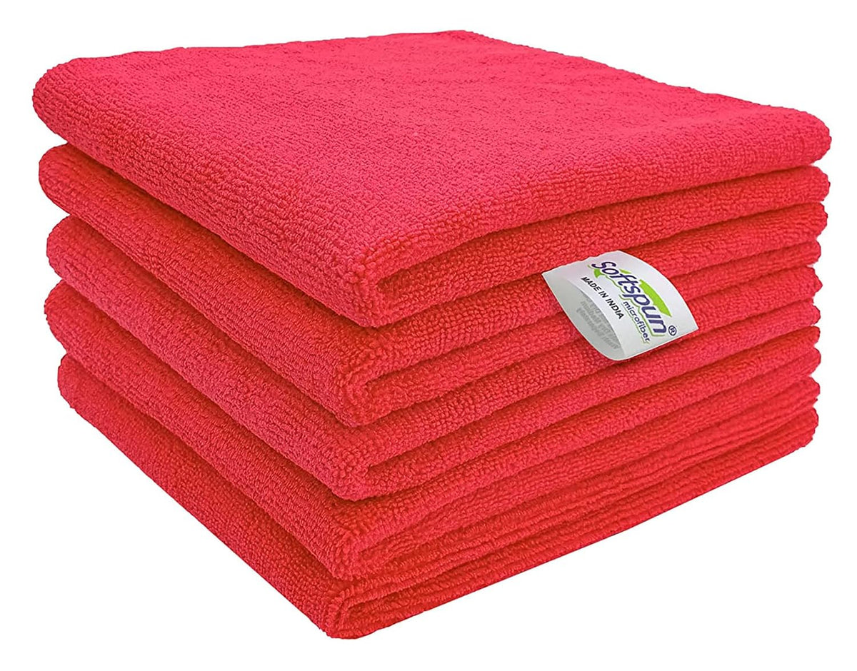 Softspun Microfiber Cleaning Cloths Towel Set 340 Gsm | Highly Absorbent Lint & Streak Free Multi-Purpose Wash Cloth For Kitchen Car Window Stainless Steel Silverware Pack Of 5 (Red)