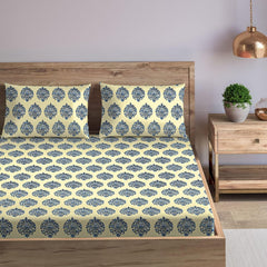 Premium 100% Cotton Queen Size Bedsheet With 2 Pillow Covers - 86 X 104 Inches, Cream & Blue | 180 Thread Count Ultra Soft | Ideal For House, Guest Home, Hotel