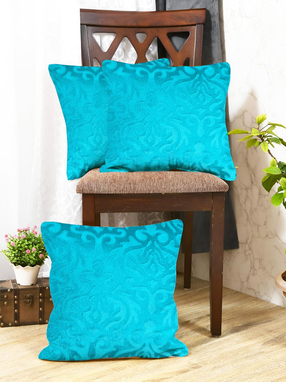 Microfiber Square Pillow Cushion For Sofa & Bed, Sky-Blue - 12 X 12 Inch | Soft, Fluffy For Comfort & Back Support | Breathable, Washable | Premium Velvet Outer Cover With Zip - Set Of 3