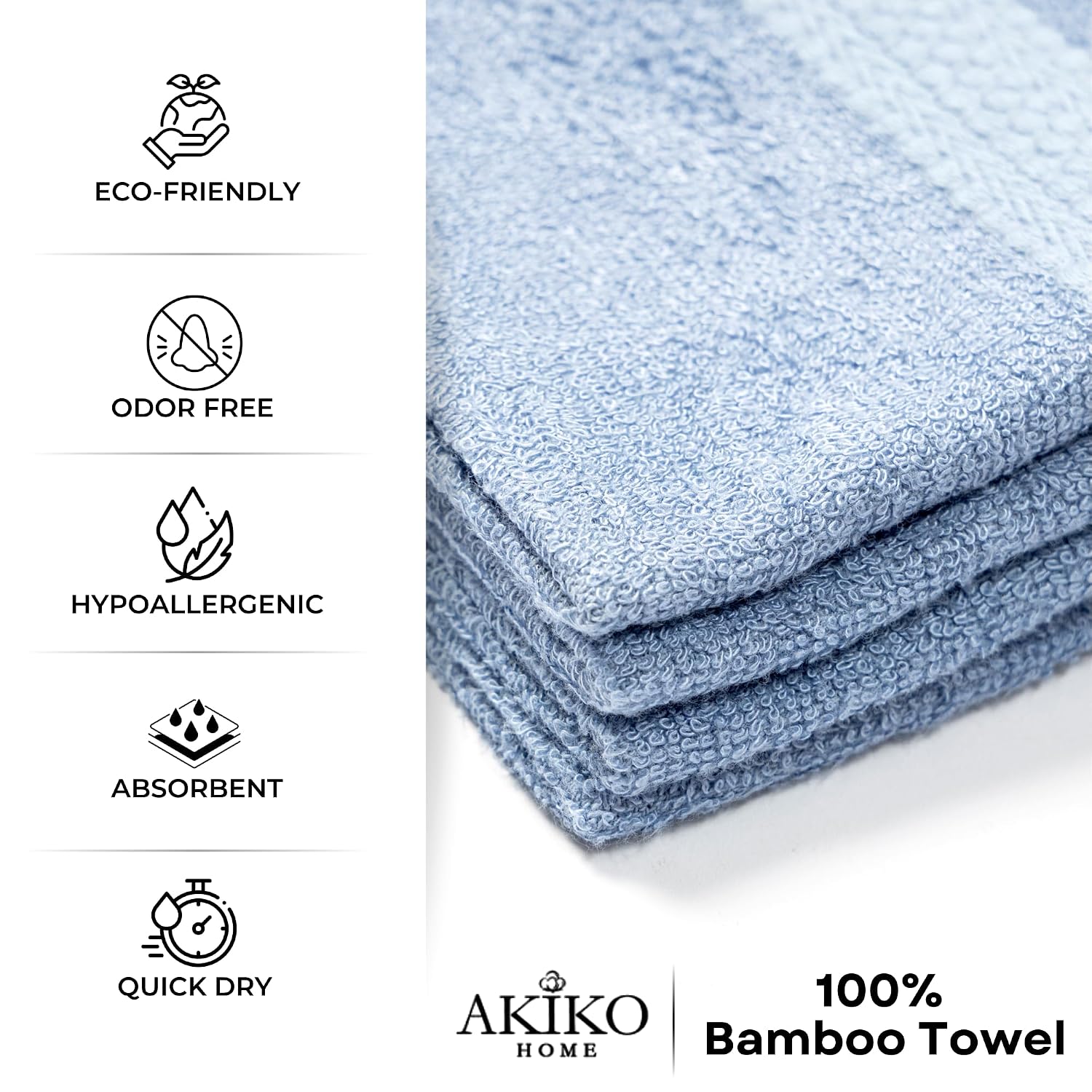Akiko Home 100% Bamboo Face Towel 500 Gsm | Quick Dry, Super Soft, Anti Bacteria, Fast Absorbent, Eco Friendly, Hypoallergenic, Odor Resistant Face Towel | Pack Of 4 (Blue)