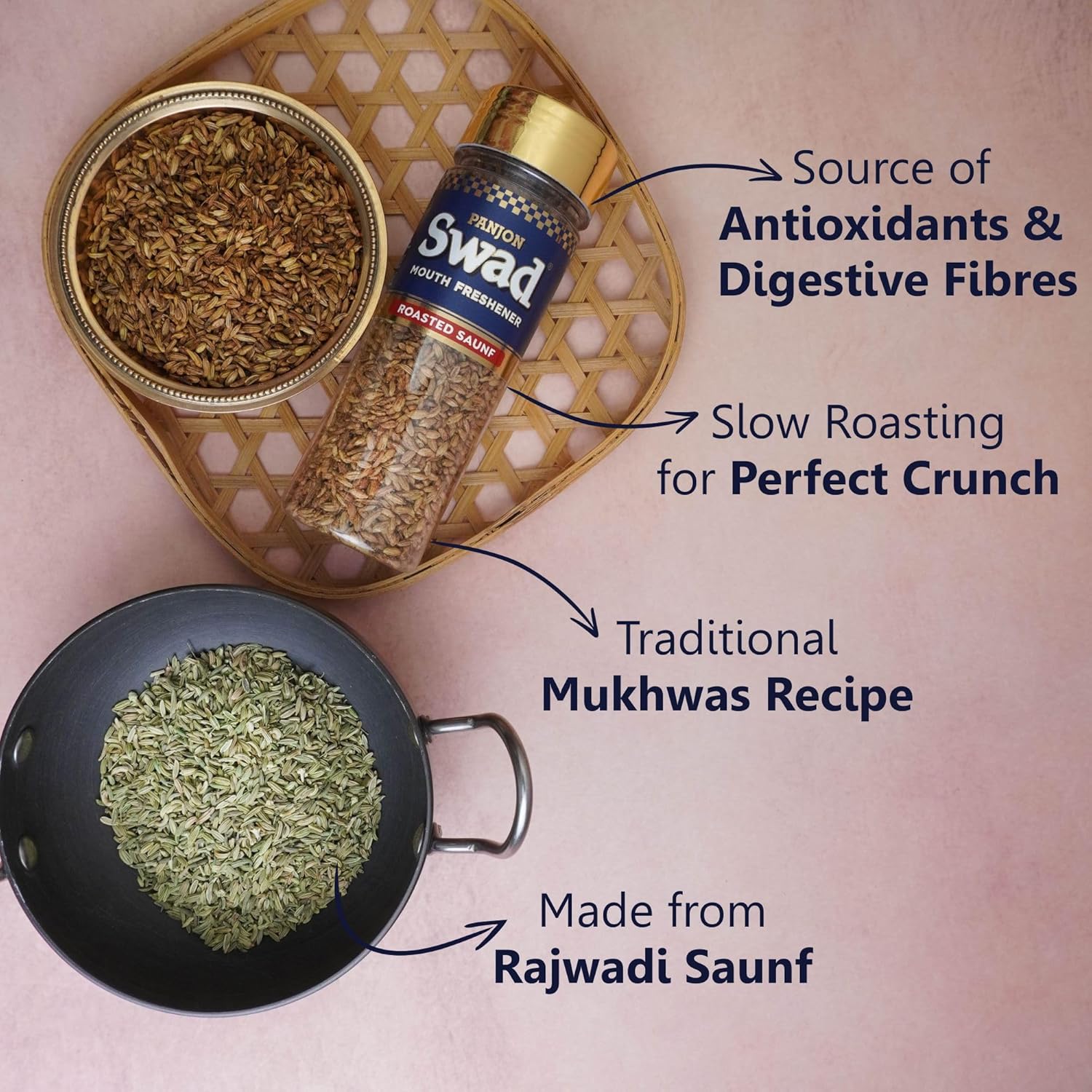 Panjon Swad Roasted Saunf Mukhwas Mouth Freshener 100gm, (Bottles)