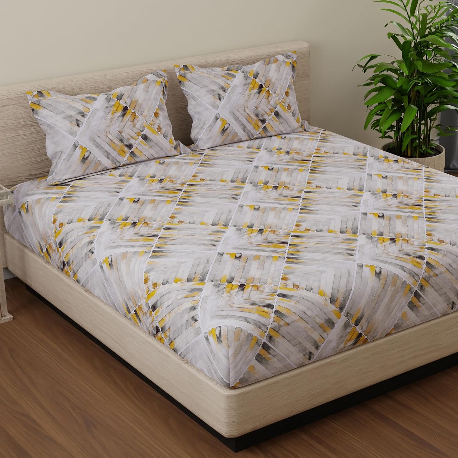 Flat 1 King Size Bedsheet With 2 Pillow Covers - 110 X 108 Inches, Grey & Yellow | Soft & Comfortable Feel To Your Skin | Machine Wash In Cold Water