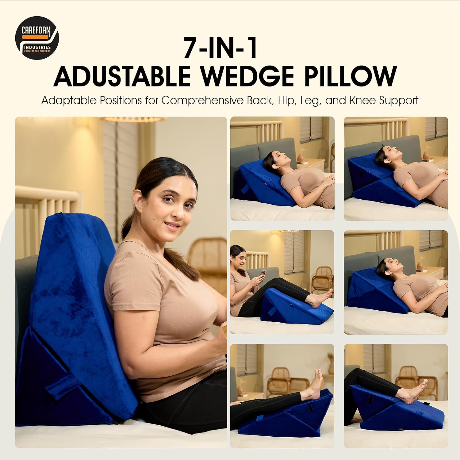 Wedge Pillow, Adjustable Memory Foam Bed Wedge Pillow For Sleeping, Blue - 22 X 22 X 12 Inch | For Acid Reflux, Snoring, Gerd, Pregnancy, Post-Surgical Recovery | Washable Velvet Cover